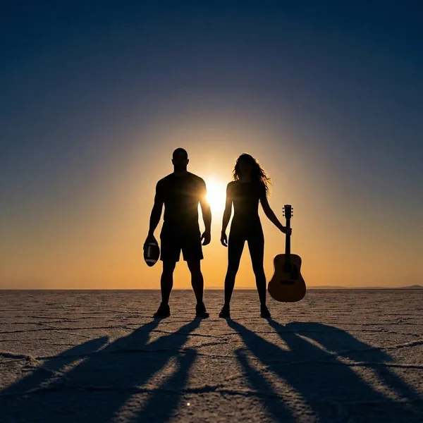 Silhouettes of Taylor Swift with guitar and Travis Kelce with football at sunset